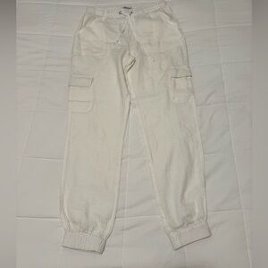 100% Linen White Jogger Cargo Style Pants NWOT
